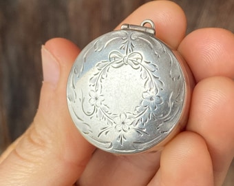 Vintage Webster Silver Co Sterling Pill Box Pendant with Floral Wreath Etched, Hinged Lid and Interior Mirror #4070