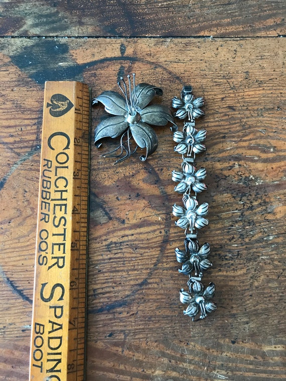 Vintage Taxco .980 Lily Flower Brooch and Bracele… - image 7