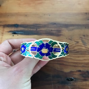 Vintage Enamel Cloisonné Hinged Bracelet with Dark Blue Flowers, Deep Green, Gold Toned Metal, Pretty Cut Outs 2217 image 1