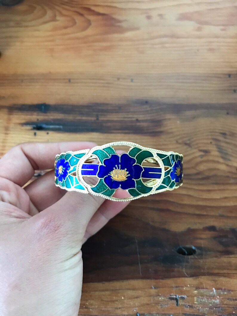 Vintage Enamel Cloisonné Hinged Bracelet with Dark Blue Flowers, Deep Green, Gold Toned Metal, Pretty Cut Outs 2217 image 1