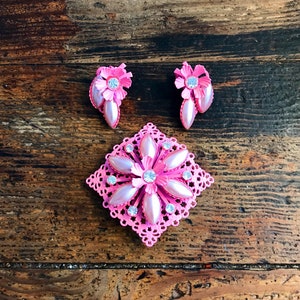 Vintage Enamel Flower Brooch and Clip on Earrings Set, Bright Pink with Pearly Pieces and Rhinestones, Retro, As Is #2330