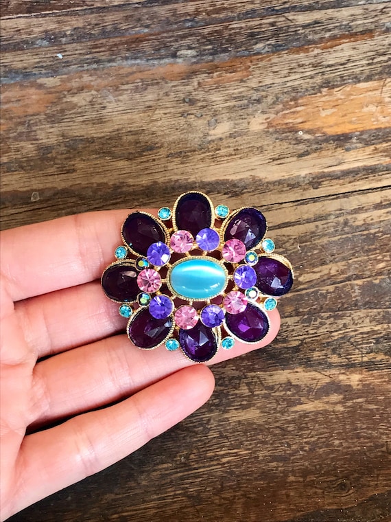 Vintage Costume Jewelry Brooch with Layered Rhine… - image 1