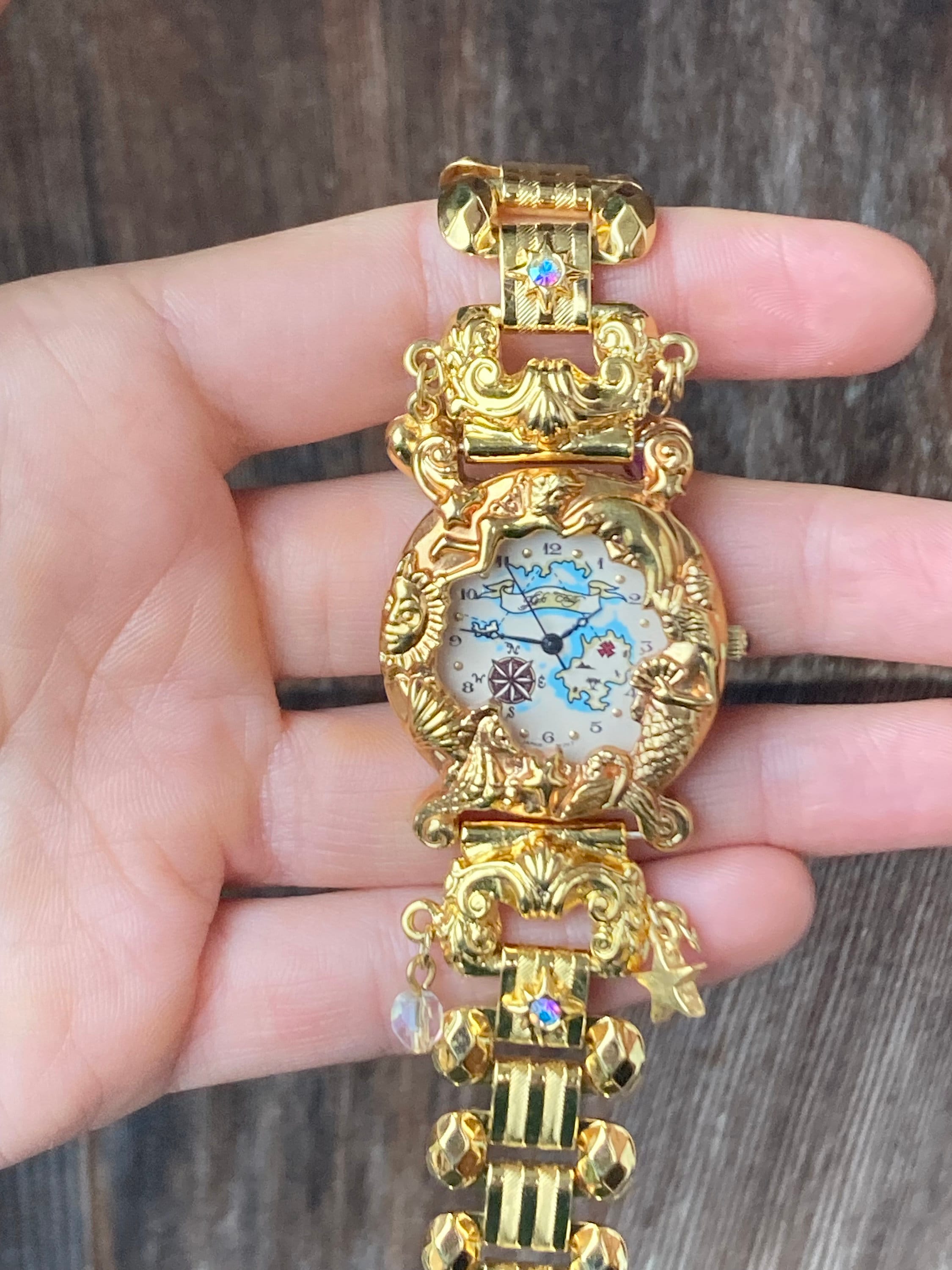 Vintage Kirks Folly Quartz Charm Watch with Fantasy Sea Treaure Theme Mermaids and Celestial Border Map on Face Does Not Run As Is 3949 Etsy