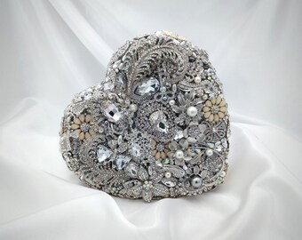 Silver Pearl Crystal Heart Shaped Jewelled Bouquet | Brooch Bouquet | Alternative Keepsake Bouquet | Wedding Bouquet