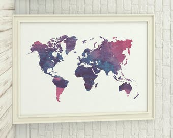 Watercolor World Map Wall Art - Digital