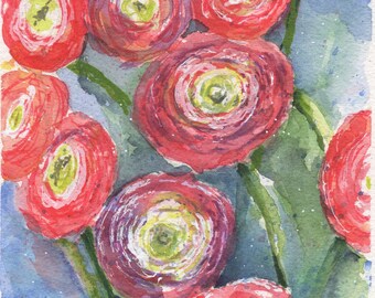 Pintura original em aquarela, buquê de ranúnculos vermelhos, arte de jardim, flores da primavera, 12,7 x 17,8 cm