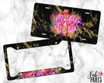 Monogrammed Marble Car Tag | Faux Glitter Car Accessories | Floral License Plate Frame | Personalized Car Tags For Women | Marbleous Blooms