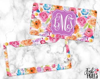 Monogrammed Floral Car Tag | Girly Car Accessories | Flower License Plate Frame | Personalized Car Accessories For Women | Garden Variety