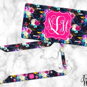 Monogrammed Floral Car Tag | Girly License Plate Frame | Flower Car Accessories | Personalized Car Tags For Women | Heavy Petal