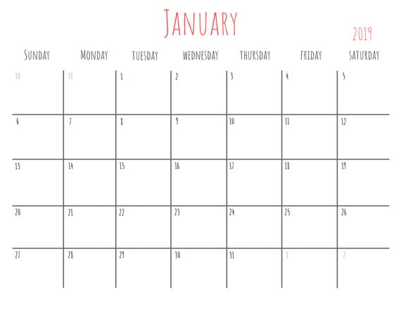 Printable 2019 Calendar Monthly PDF Wall Calendar Desk