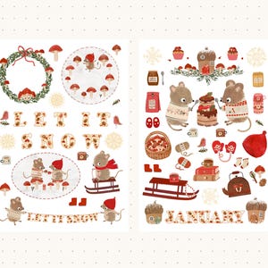 Könnte beinhalten: Zwei Bögen mit Aufklebern zum Thema Winter. Ein Bogen zeigt einen Kranz, Pilze und den Text „LET IT SNOW“ mit Illustrationen von Mäusen. Der andere Bogen zeigt Mäuse, Kuchen und den Text „JANUARY“.