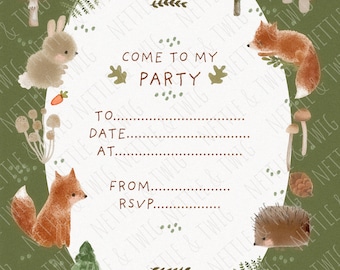 May include: A woodland-themed party invitation with a white oval background surrounded by green foliage, mushrooms, and various woodland animals including a squirrel, fox, rabbit, bear, and hedgehog. The text reads "Come to my party" with lines for the recipient, date, time, and RSVP information.