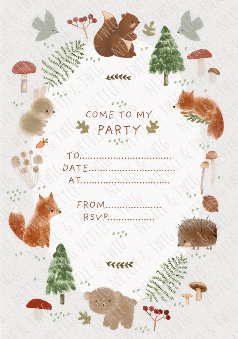 May include: A woodland-themed party invitation with a brown rabbit, a fox, a hedgehog, a squirrel, and a bear. The invitation has the text "Come to my party" and space to fill in the date, time, and RSVP information.