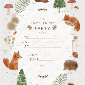 May include: A woodland-themed party invitation with a brown rabbit, a fox, a hedgehog, a squirrel, and a bear. The invitation has the text "Come to my party" and space to fill in the date, time, and RSVP information.