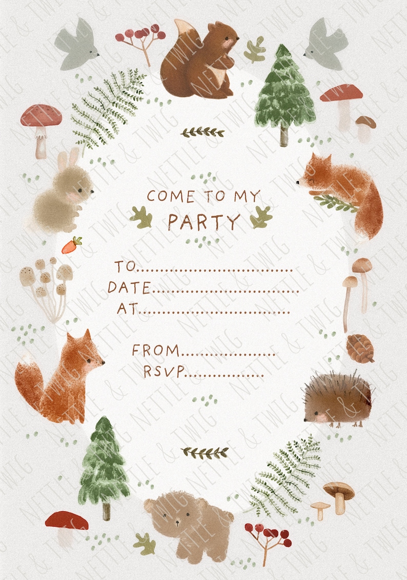 May include: A woodland-themed party invitation with a brown rabbit, a fox, a hedgehog, a squirrel, and a bear. The invitation has the text "Come to my party" and space to fill in the date, time, and RSVP information.