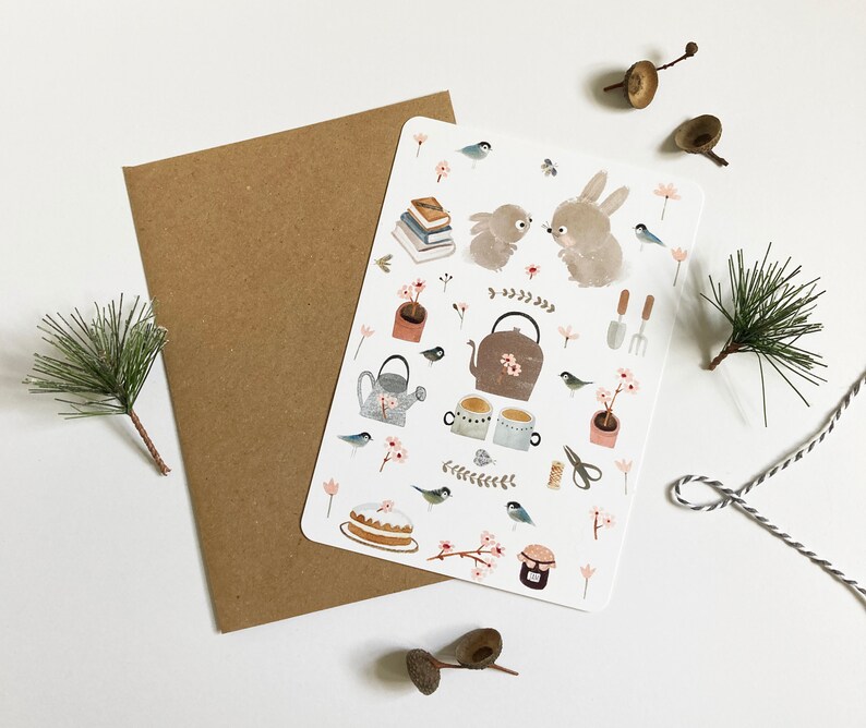 Woodland Animals Mini Print Favourite Things Card Cute Postcard Tea-time Postcard Woodland Cards Bunny Postcard Rabbit Postcard