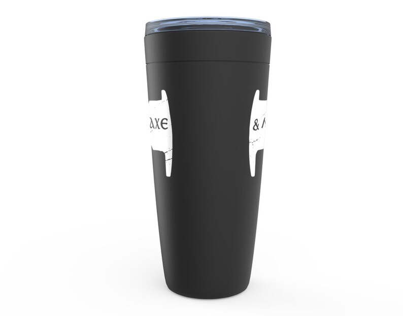 May include: Black travel mug with a white logo that says "& Axe" on one side and "Axe" on the other side.
