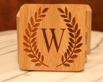 Set of 6 Personalized Bamboo Coasters With Holder