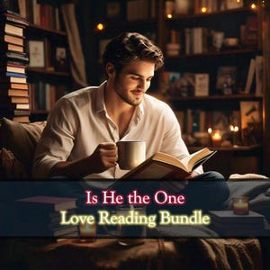 May include: A person is seated, reading a book and holding a mug. The image has a warm tone, with soft lighting and a cosy atmosphere. The text "Is He the One Love Reading Bundle" is displayed at the bottom of the image.