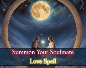 Puede incluir: Una pareja se para frente a una luna grande y brillante y estrellas, tomados de la mano. El texto "Summon Your Soulmate Love Spell" se muestra en primer plano.