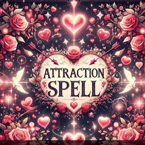 Könnte beinhalten: Ein rosa-weißer herzförmiger Rahmen mit dem Text "Attraction Spell" umgeben von Rosen, Herzen und Sternen auf schwarzem Hintergrund.