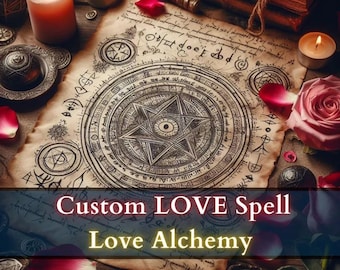 Puede incluir: Un pergamino vintage con un pentagrama y otros símbolos dibujados con tinta negra. El papel está rodeado de velas, rosas y otros objetos asociados con la brujería. El texto en el papel dice "Custom LOVE Spell Love Alchemy".