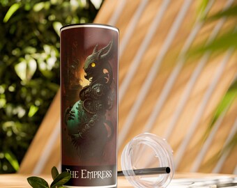 The Empress Tarot Card 20oz Skinny Tumbler with Straw Multiple Colors Black Pink Purple Green Blue Red Offered in Matte or Glitter Finish