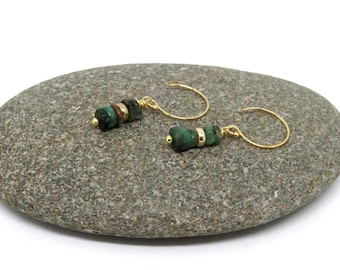 Raw Emerald Dangle Earrings: Green Gemstone, May Birthstone, Gold Filled, Sterling Silver