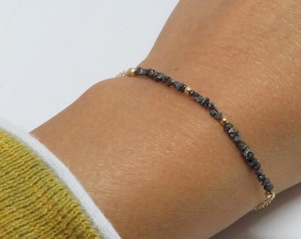 Black Raw Diamond Bracelet: Gold Fill Chain, April Birthstone