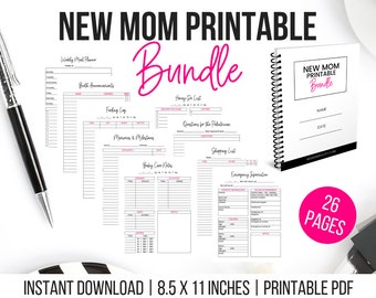 May include: A printable bundle for new mothers, featuring a weekly meal planner, birth announcements, and a feeding log. The cover reads "New Mom Printable Bundle". The bundle is 21.59 cm x 27.94 cm and contains 26 pages. The text "Instant Download" is also visible.