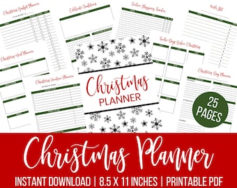May include: Printable Christmas planner with 25 pages, featuring a green and white color scheme with snowflakes. The planner includes sections for budgeting, meal planning, vacation planning, online shopping, and a 12 days of Christmas countdown. The text "Christmas Planner" is written in red cursive.