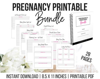 May include: A printable pregnancy bundle with 28 pages, including a to-do list, a baby budget planner, a weekly meal planner, and a prenatal vitamin tracker. The bundle is available as an instant download and is 8.5 x 11 inches.