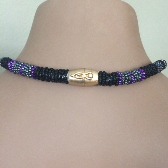 Vintage purple and black seed bead and clear crys… - image 6