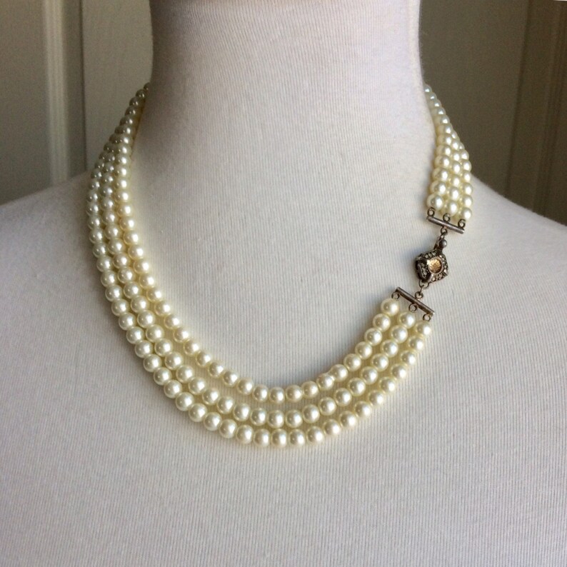 Vintage off White Glass Pearl Triple Strand Necklace With - Etsy