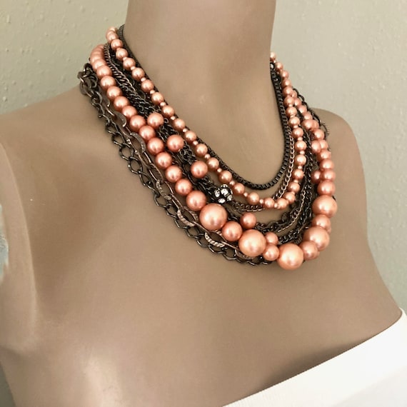 Vintage mixed metal peach pearl multi strand neck… - image 4