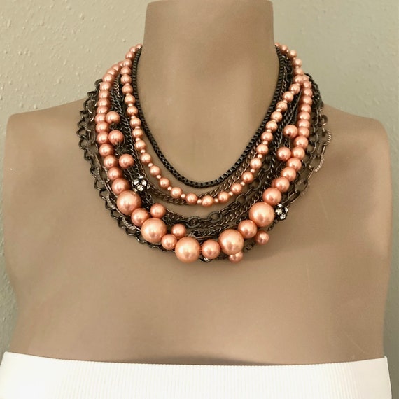 Vintage mixed metal peach pearl multi strand neck… - image 6