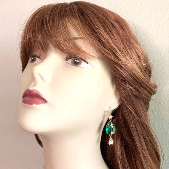 Chunky gold plated green crystal teardrop earrings