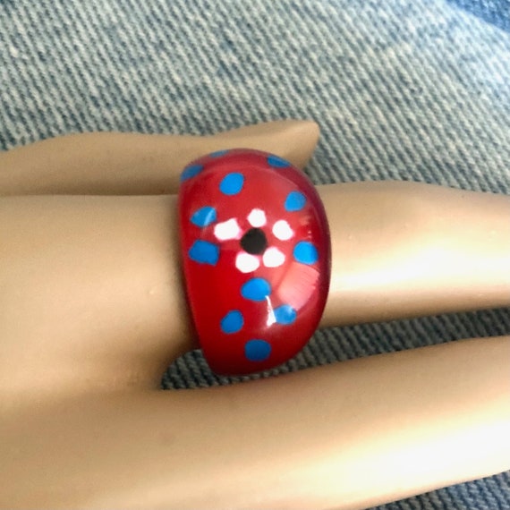 Vintage reverse painted abstract flower ring size… - image 3