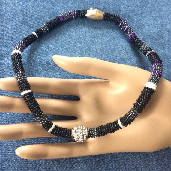 Vintage purple and black seed bead and clear crys… - image 2