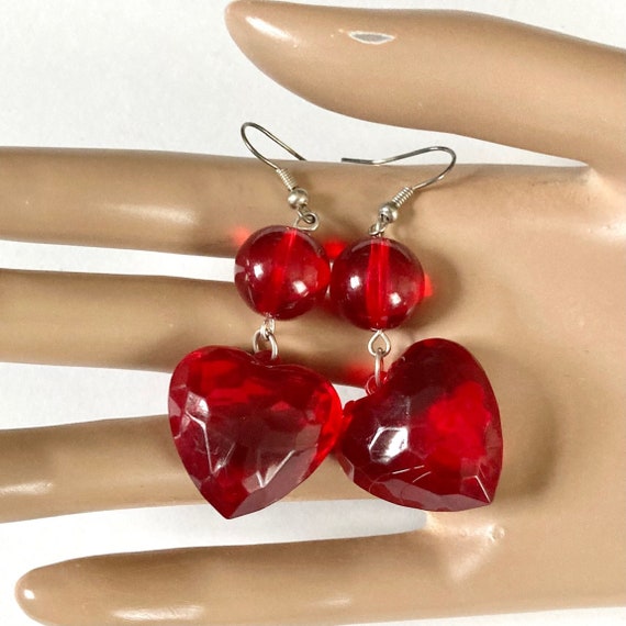 Chunky 1990s deep red lucite heart dangle earrings
