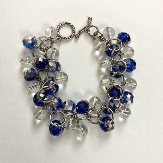 Vintage silver tone blue and clear glass bead Cha… - image 6