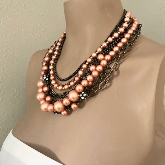 Vintage mixed metal peach pearl multi strand neck… - image 3