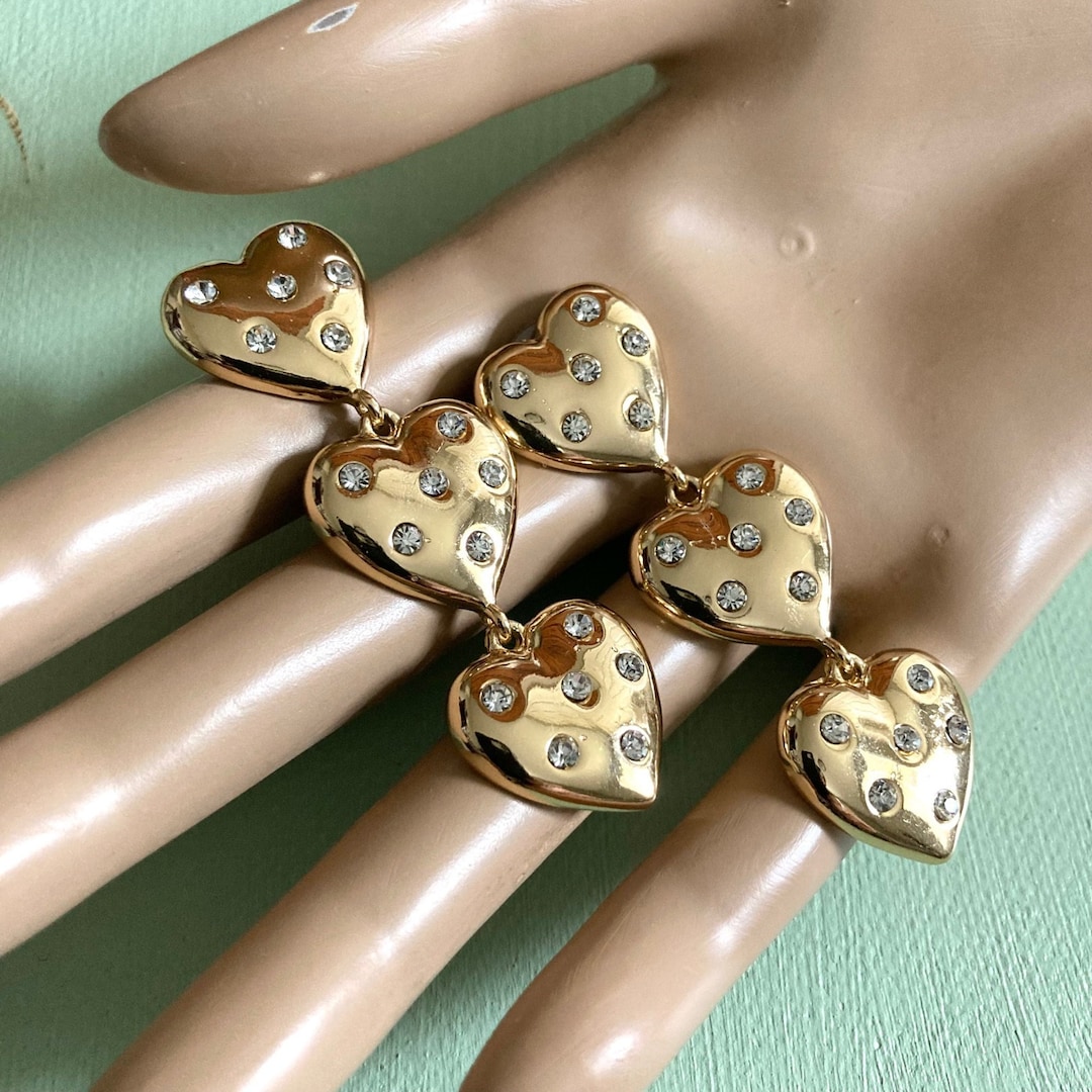 Chunky Gold Tone Clear Crystal Puffy Heart Earrings. - Etsy