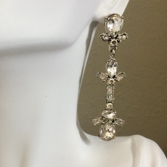 Vintage long silver tone clear rhinestone drop ea… - image 1