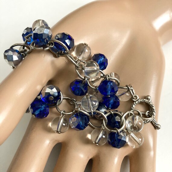 Vintage silver tone blue and clear glass bead Cha… - image 7