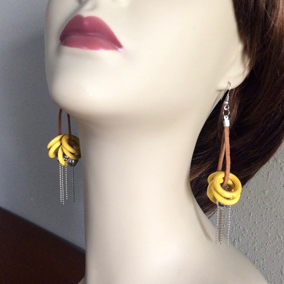 Vintage leather and yellow wood hoop ball earring… - image 2