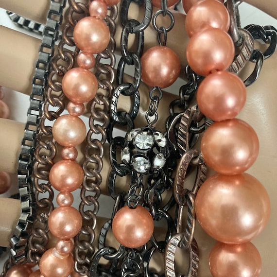Vintage mixed metal peach pearl multi strand neck… - image 1