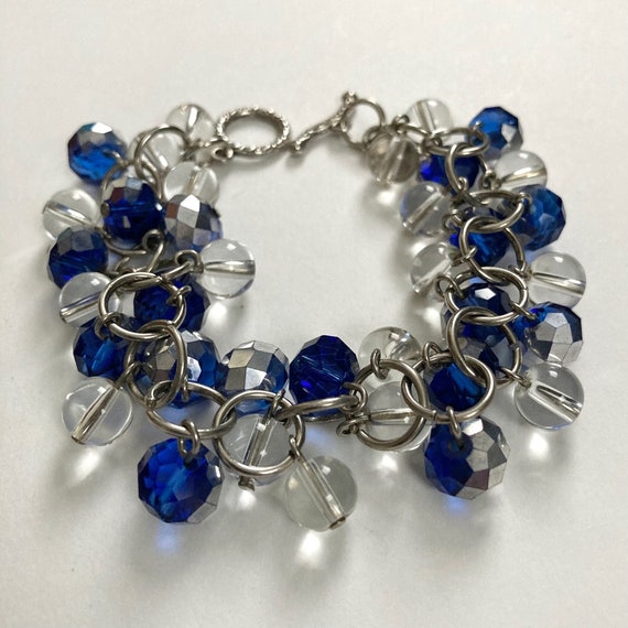 Vintage silver tone blue and clear glass bead Cha… - image 1