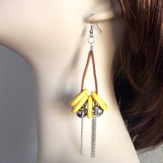 Vintage leather and yellow wood hoop ball earring… - image 1