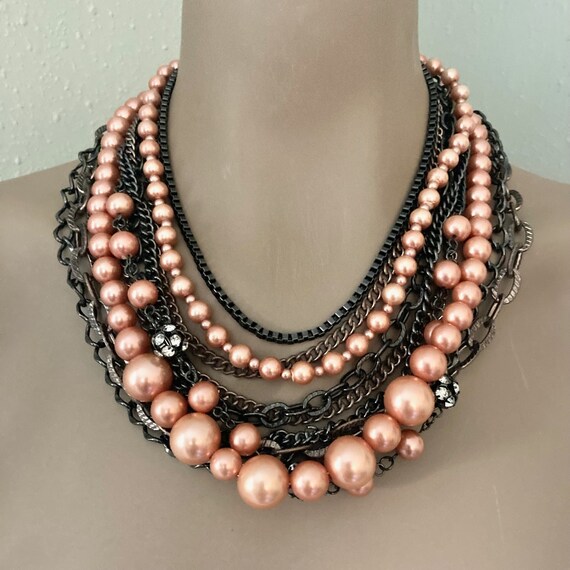 Vintage mixed metal peach pearl multi strand neck… - image 2